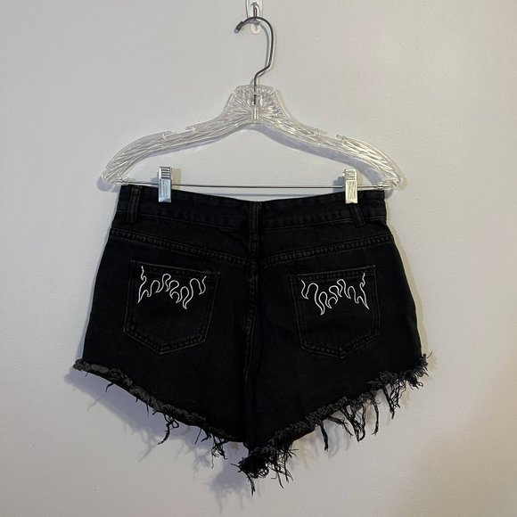Black Jean Shorts with Flame on Back Pockets - Picture 2 of 2